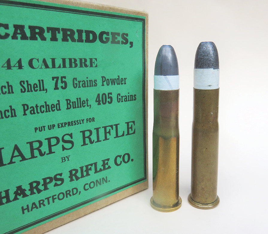 The cartridge on the left has the BACO patched bullet, while on the right is the old original 44-77.